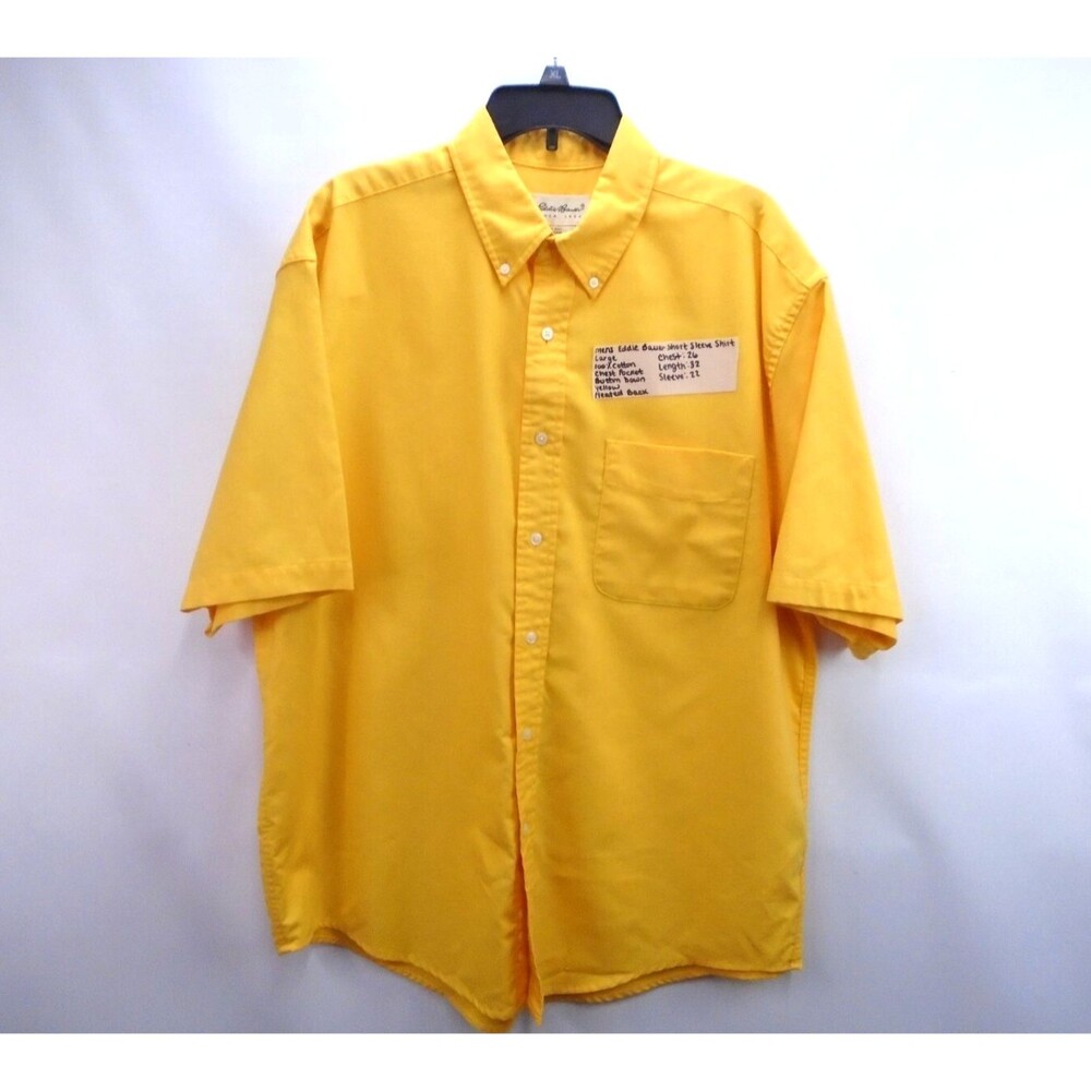 Vintage Eddie Bauer Shirt Mens Size L Yellow Short Sleeve Button Up Heavy Cotton